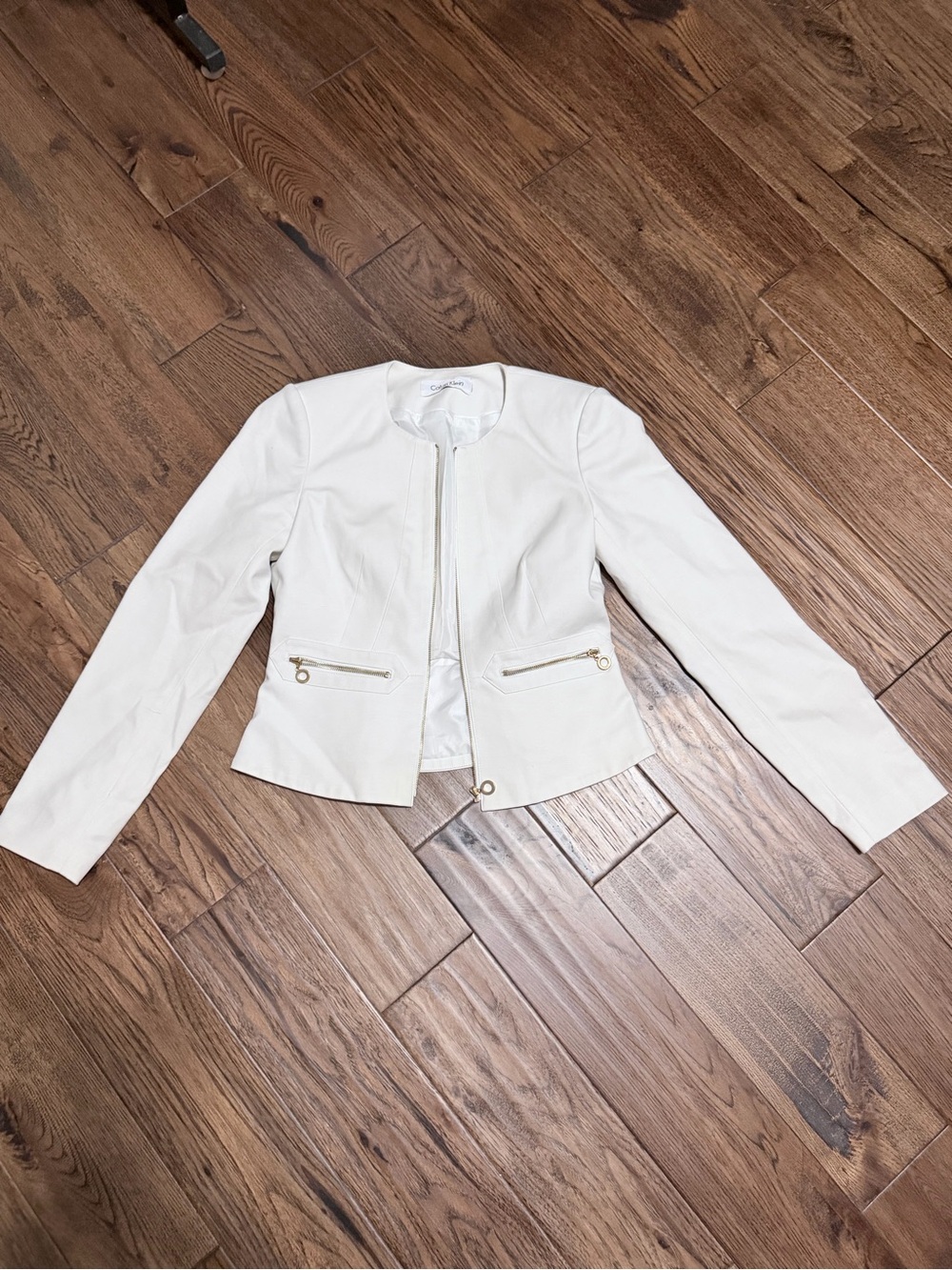 Calvin Klein Cream Zip-Front Cropped Blazer with Gold Accents